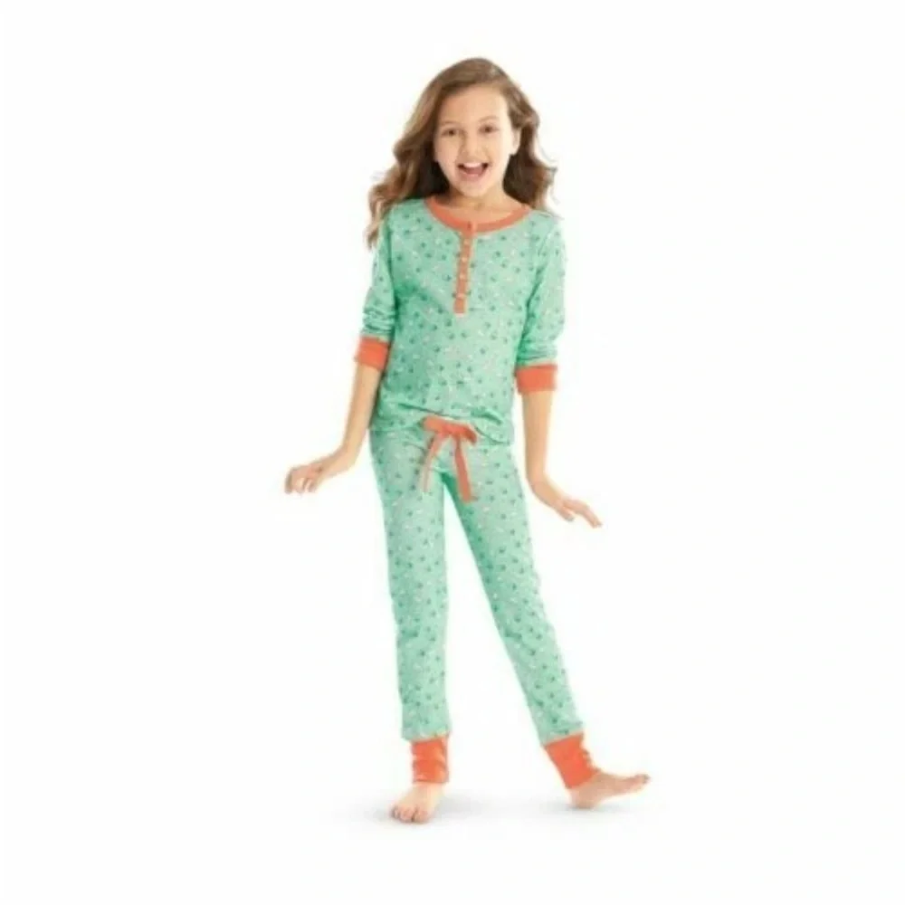 American girl Kit puppy green teal Kids Pajamas Set - Green and Pink 7/8